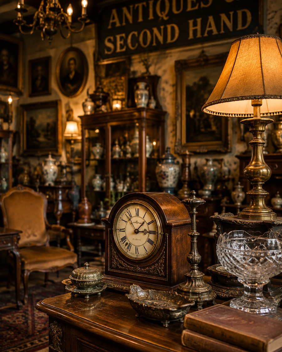 Antiques and collectables displayed on a wooden dresser