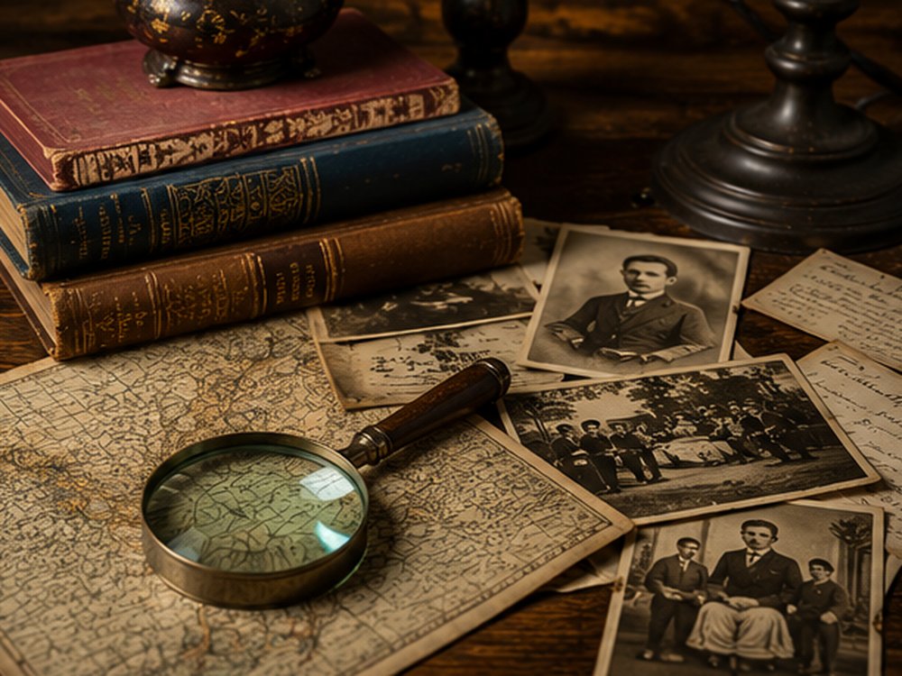 Stack of old books with vintage photographs and a map