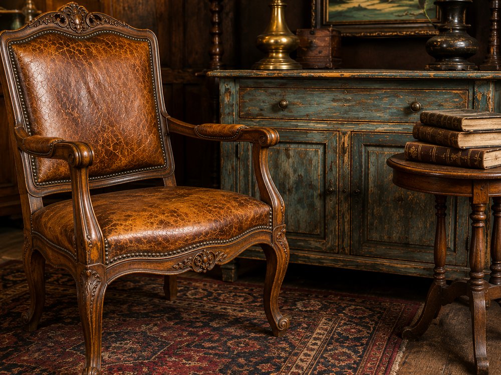 Antique leather armchair beside a painted cabinet