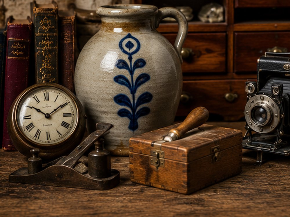 Vintage clock, stoneware jug and camera