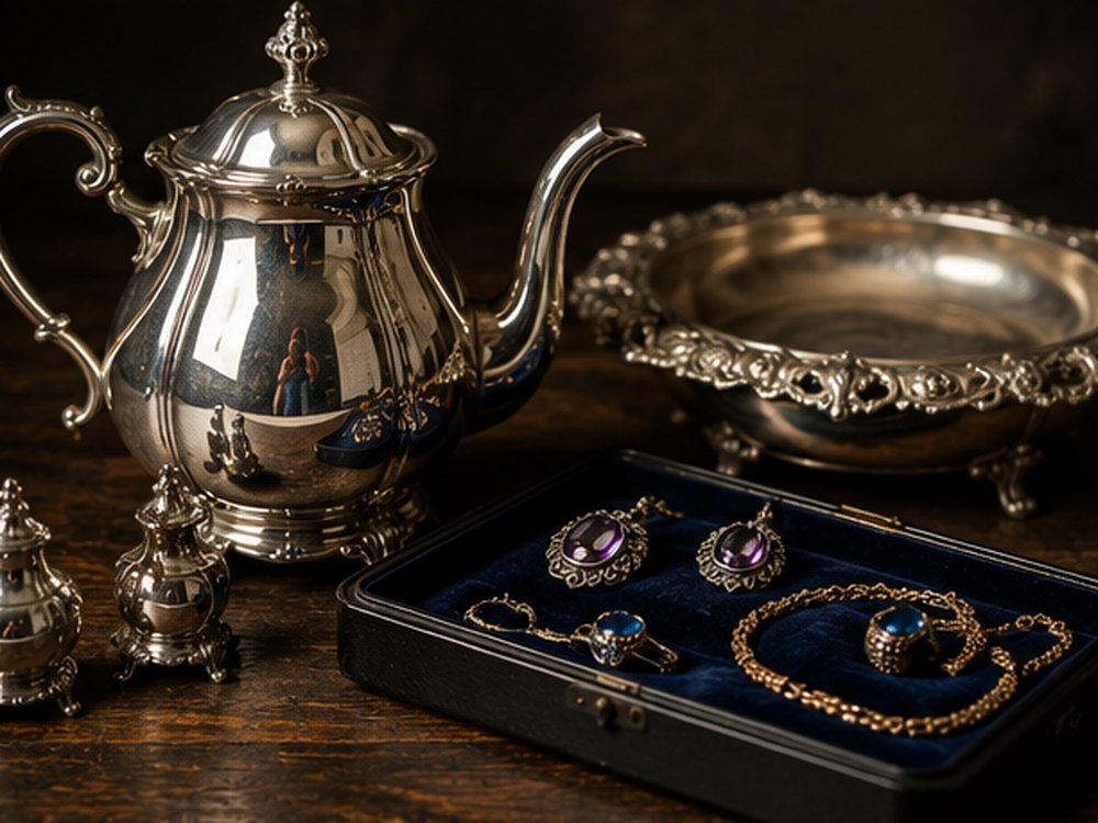 Silver teapot and dish beside a jewellery box